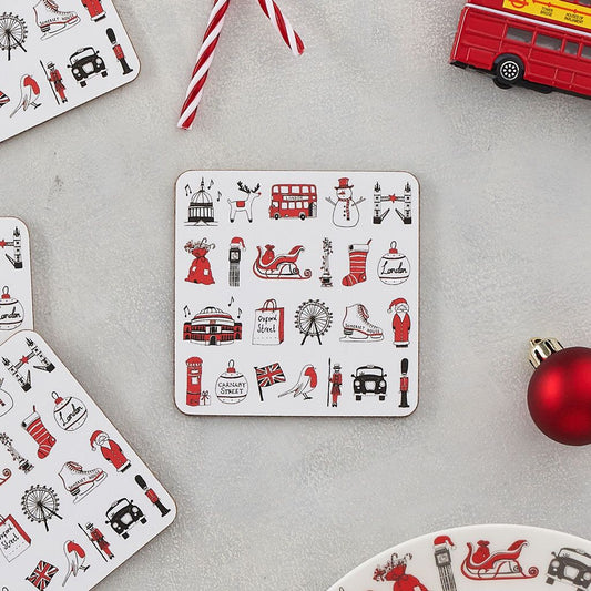 Set of four London coasters with iconic London Christmas icons, London Christmas coaster set featuring iconic London landscapes, Coasters with repeating Christmas designs from London, Christmas coasters with snowman and Santa's sleigh, Christmas coasters 