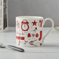 Fine bone china Christmas mug featuring repeating Christmas icon design, Fine china Christmas mug featuring various Christmas icons such as snowflakes and Santa's sleigh, Hand illustrated Christmas designs printed on fine bone china mug, Red and charcoal 