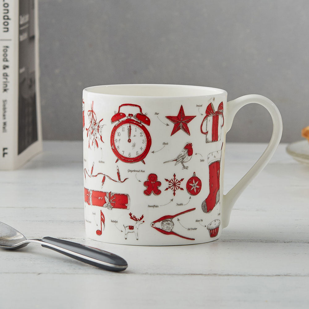Fine bone china Christmas mug featuring repeating Christmas icon design, Fine china Christmas mug featuring various Christmas icons such as snowflakes and Santa's sleigh, Hand illustrated Christmas designs printed on fine bone china mug, Red and charcoal 