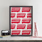 Wall print featuring repeating design of red London double-decker bus, Wall print featuring red double-decker bus, wall print featuring repeating London bus pattern, Red wall print featuring hand-illustrated London bus design