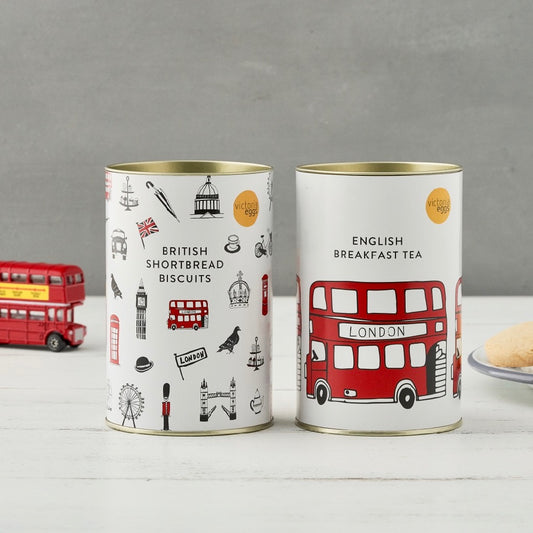Tea and biscuit tin gift set, London tea and biscuits gift, Simple London gift, Edible London gift set, Set of 2 tea and biscuits gift, British made tea and biscuits, Hand illustrated London tea and biscuit gift set 